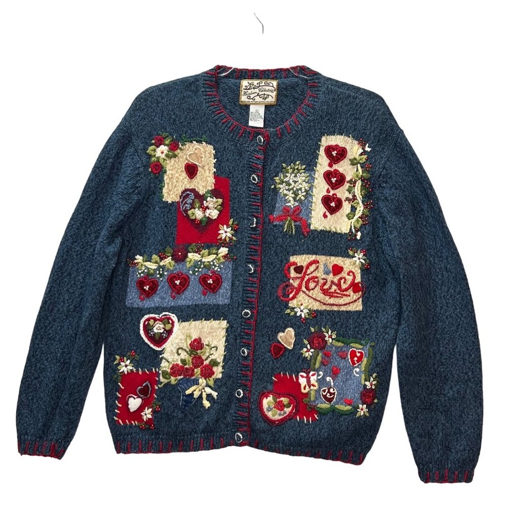 Heirloom Collectibles Womens Sweater Large Blue Red White Love Applique Cardigan